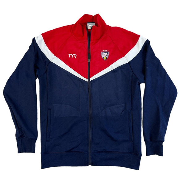 Tyr Jacket Mens Medium Red‎ White Blue Track Coat USA Water Polo Full Zip - Picture 1 of 7